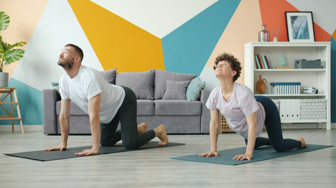 Group of seniors doing gentle gymnastics in a bright exercise room