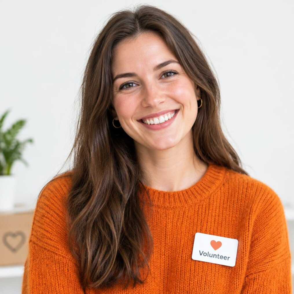 Portrait of a cheerful young woman volunteer with long brown hair