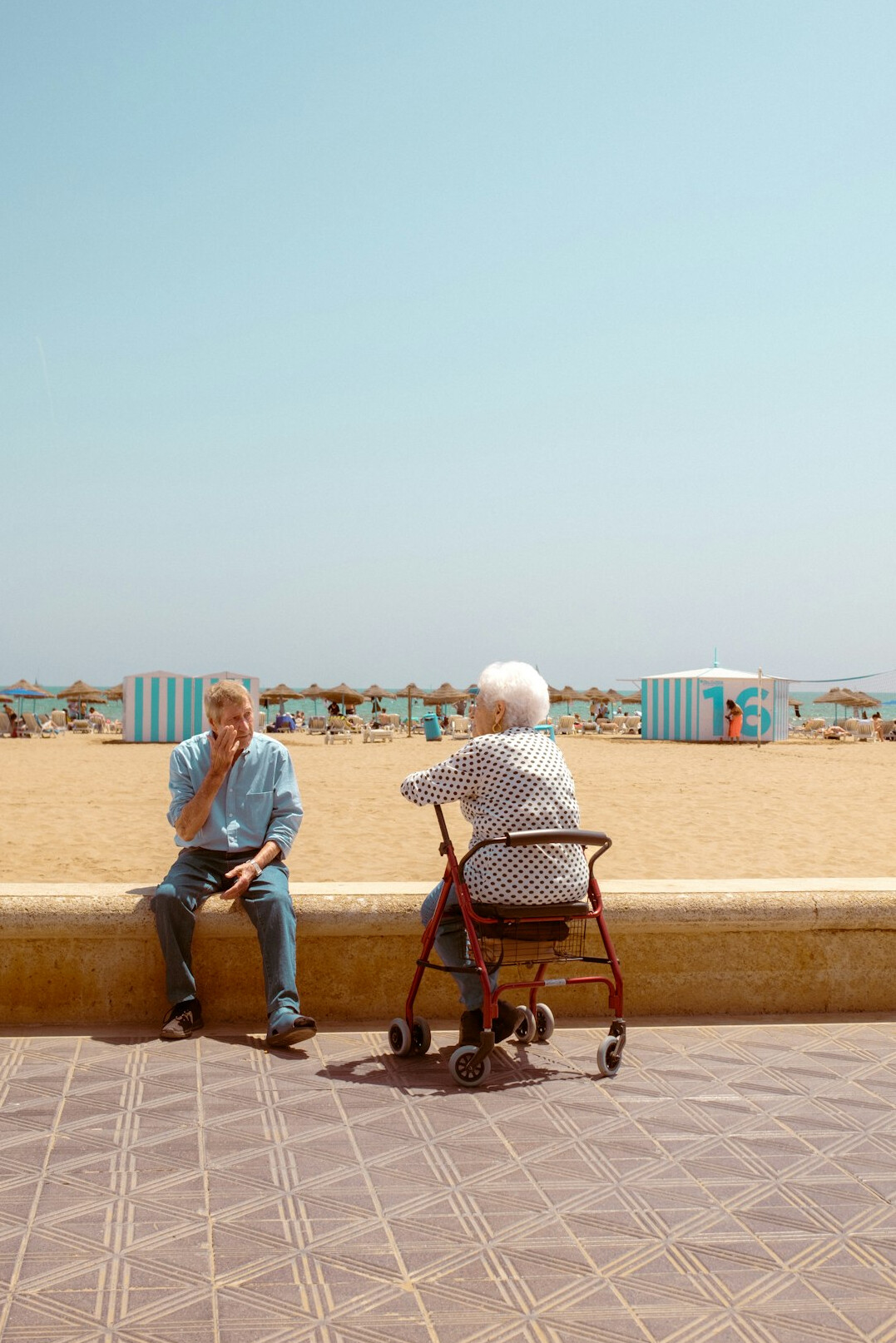 elderly couple talking